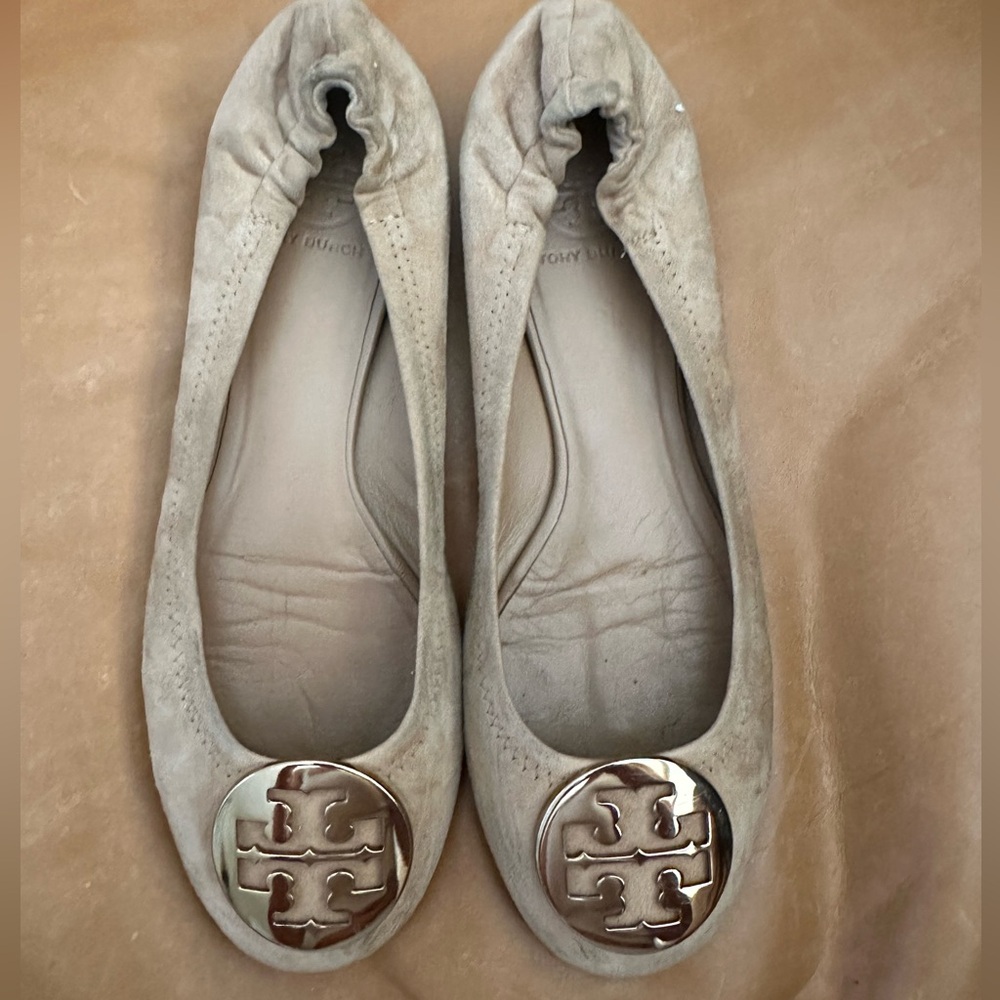 Tory Burch Light Beige Suede Ballet Flats with Gold Logo Medallion